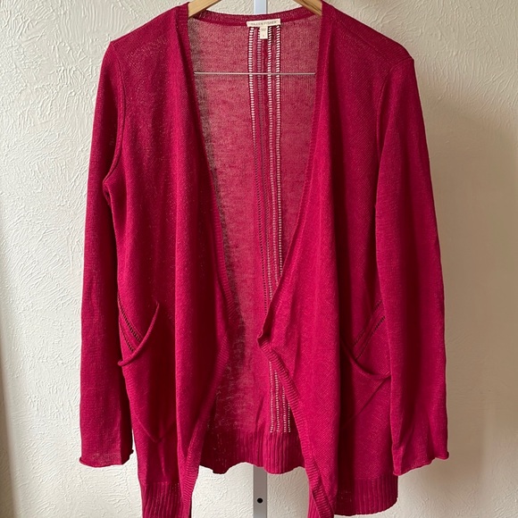 Eileen Fisher 100% linen raspberry red drape front long cardigan - Picture 1 of 7